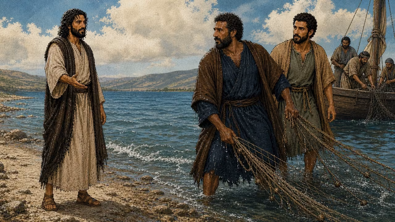 Graphic-novel illustration of the designed Jesus calling Peter and Andrew away from their wet fishing net on the Galilean shore.