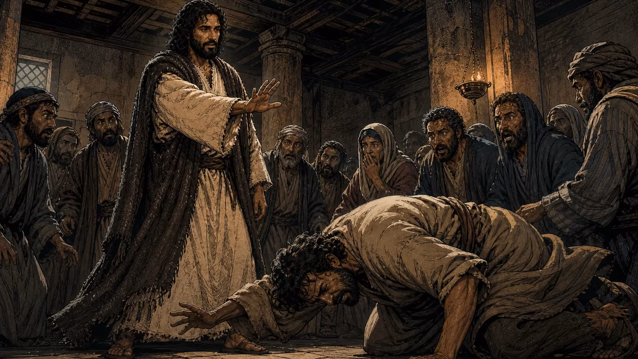 Graphic-novel illustration of the designed Jesus rebuking an unclean spirit as a distressed man collapses and worshipers recoil.