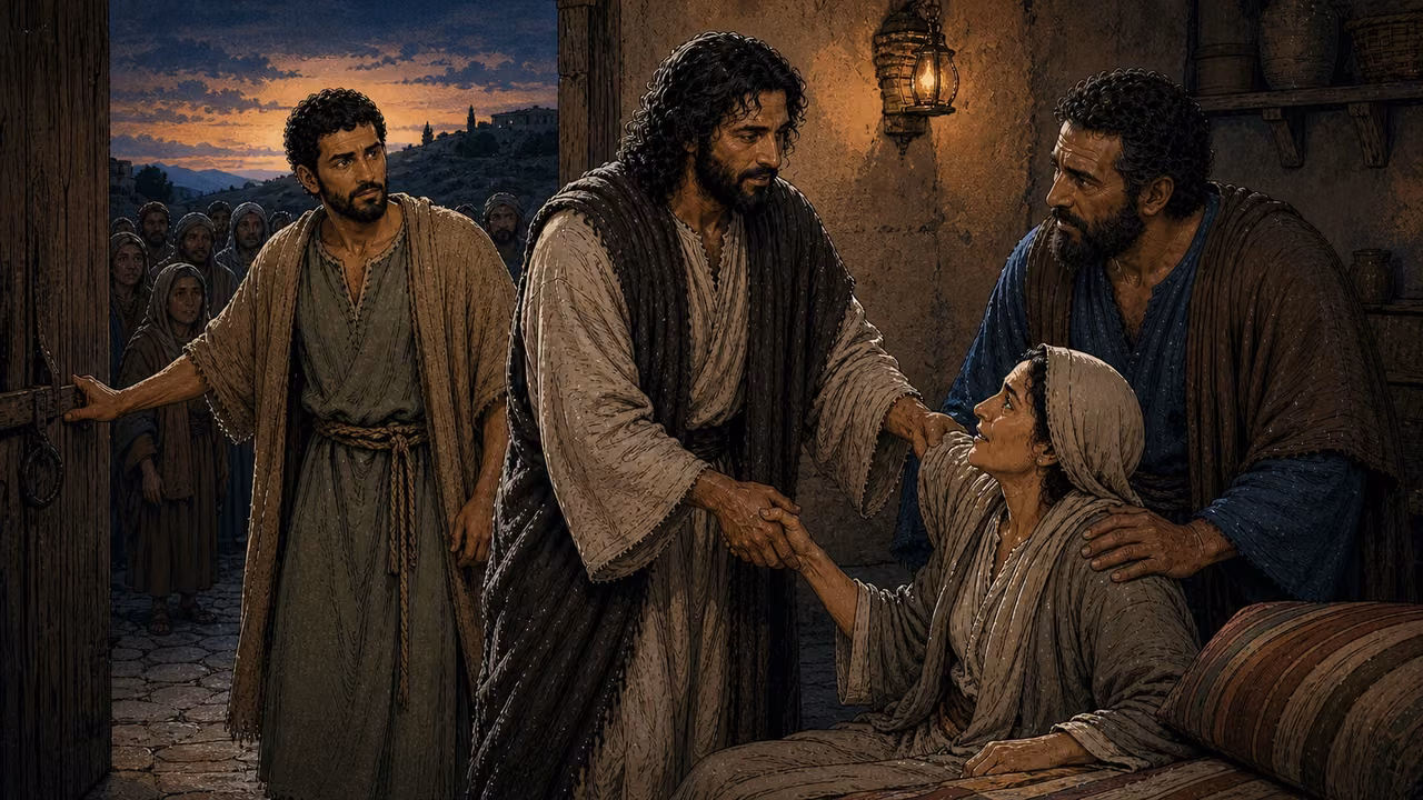 Graphic-novel illustration of the designed Jesus raising Simon’s mother-in-law while Peter supports her and Andrew opens the door to a waiting crowd.