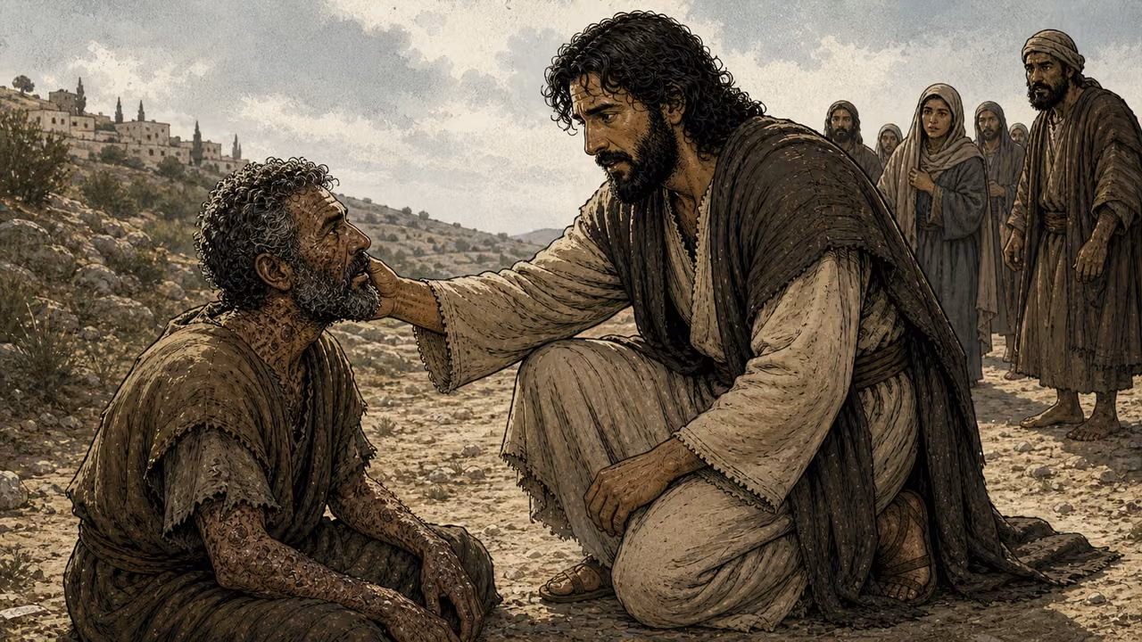 Graphic-novel illustration of the designed Jesus touching a kneeling man with a visible skin disease outside a village.