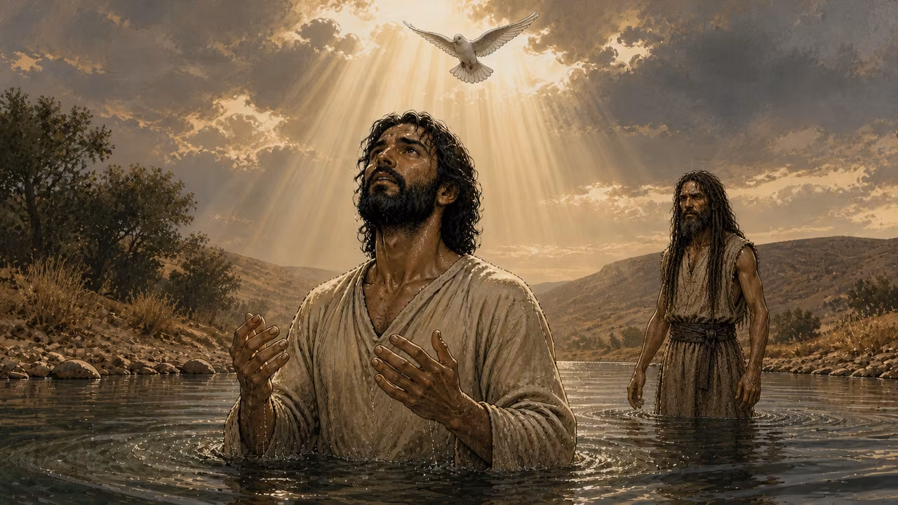 Graphic-novel illustration of the designed Jesus emerging from the Jordan beneath a descending dove while John watches from behind.