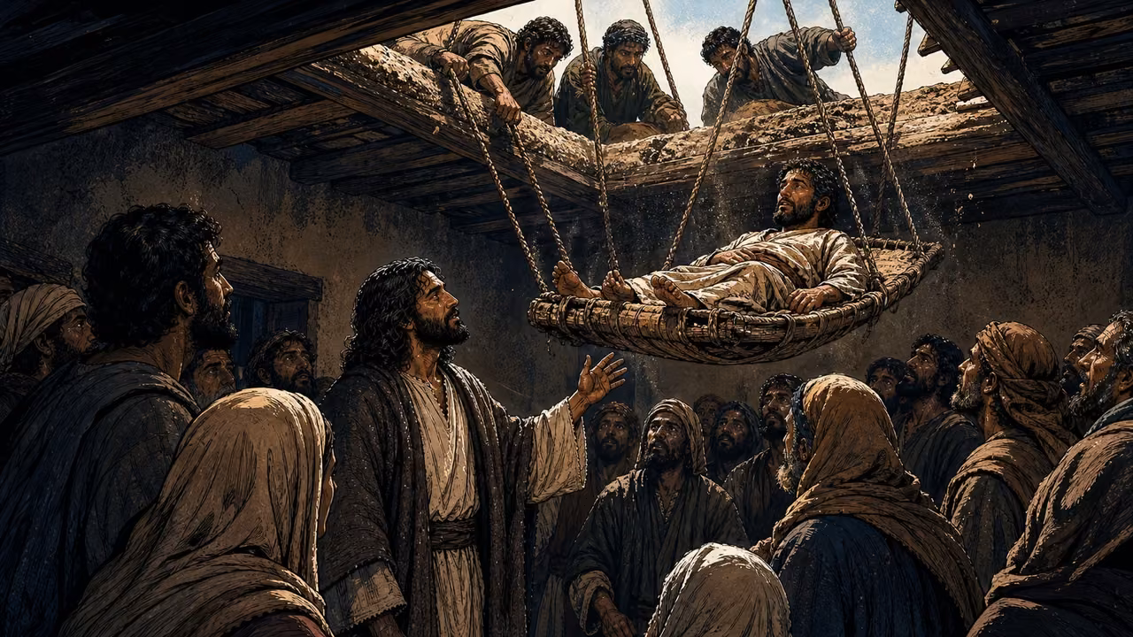 Graphic-novel illustration from inside a crowded house as four friends lower a paralyzed man through the opened roof toward the designed Jesus.