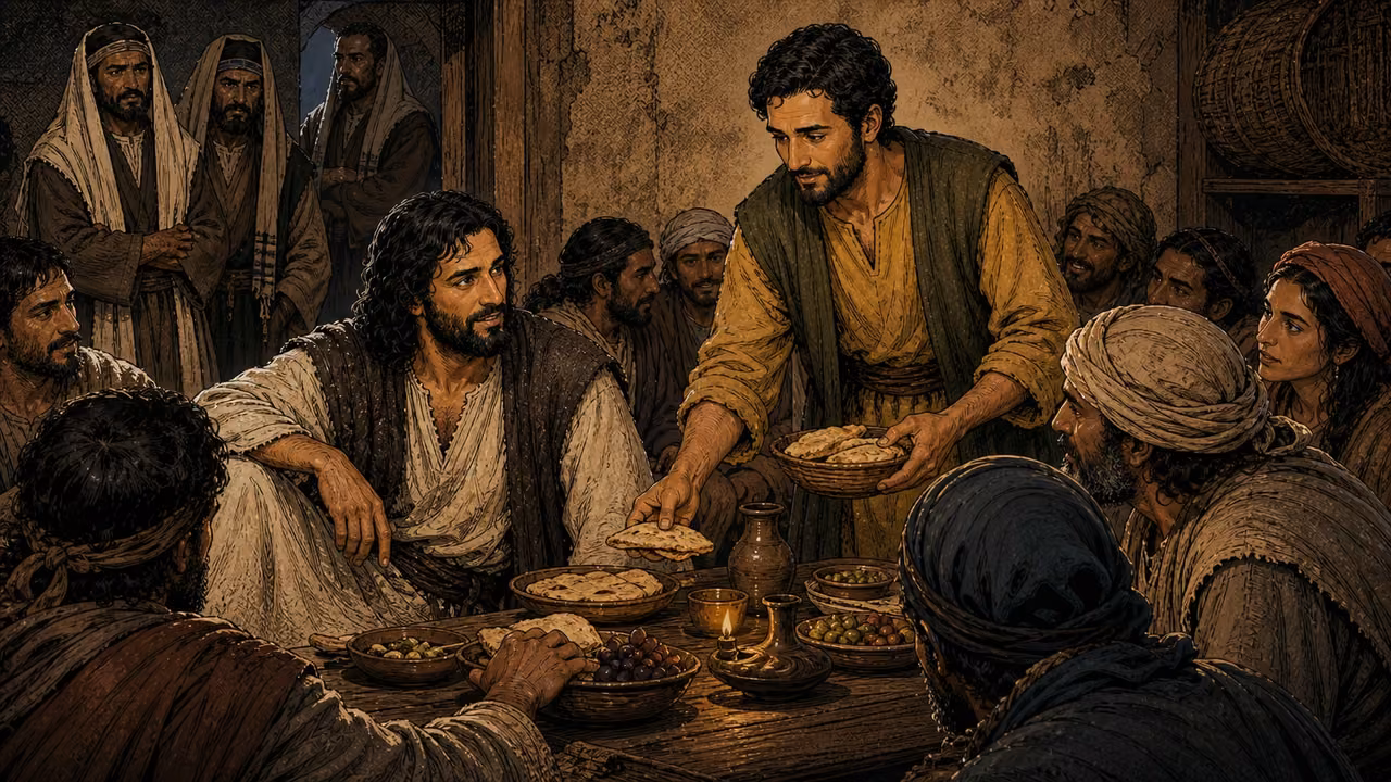 Graphic-novel illustration of the designed Jesus reclining at Levi’s crowded table as the designed Matthew serves bread and scribes watch from the doorway.