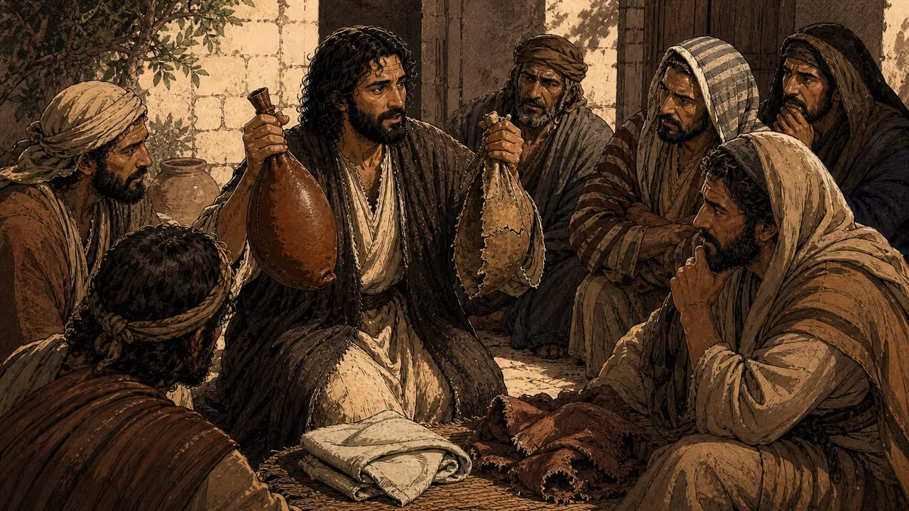 Graphic-novel illustration of the designed Jesus holding fresh and cracked wineskins beside new cloth and a torn garment.