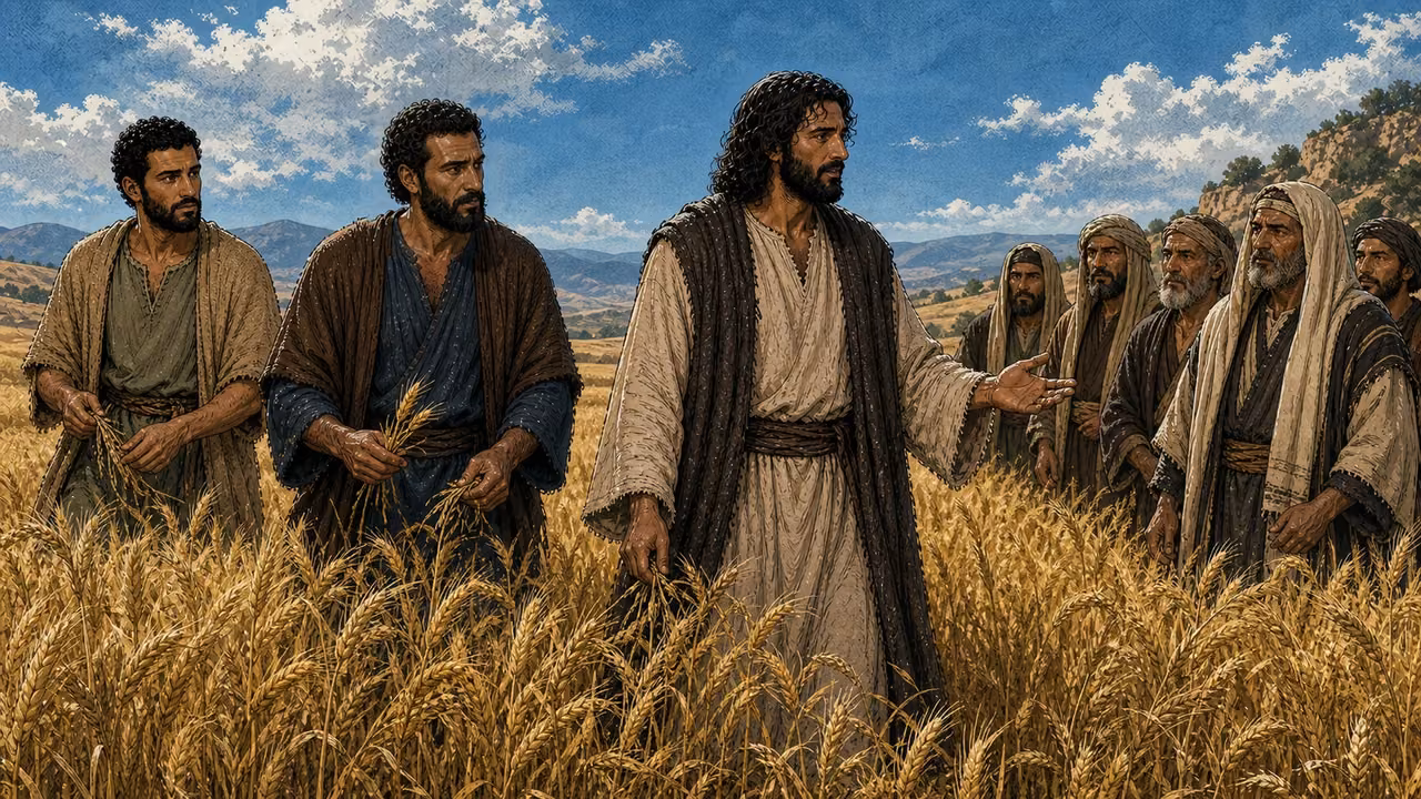 Graphic-novel illustration of the designed Jesus answering Pharisees while Peter and Andrew pluck grain in a ripe Sabbath field.