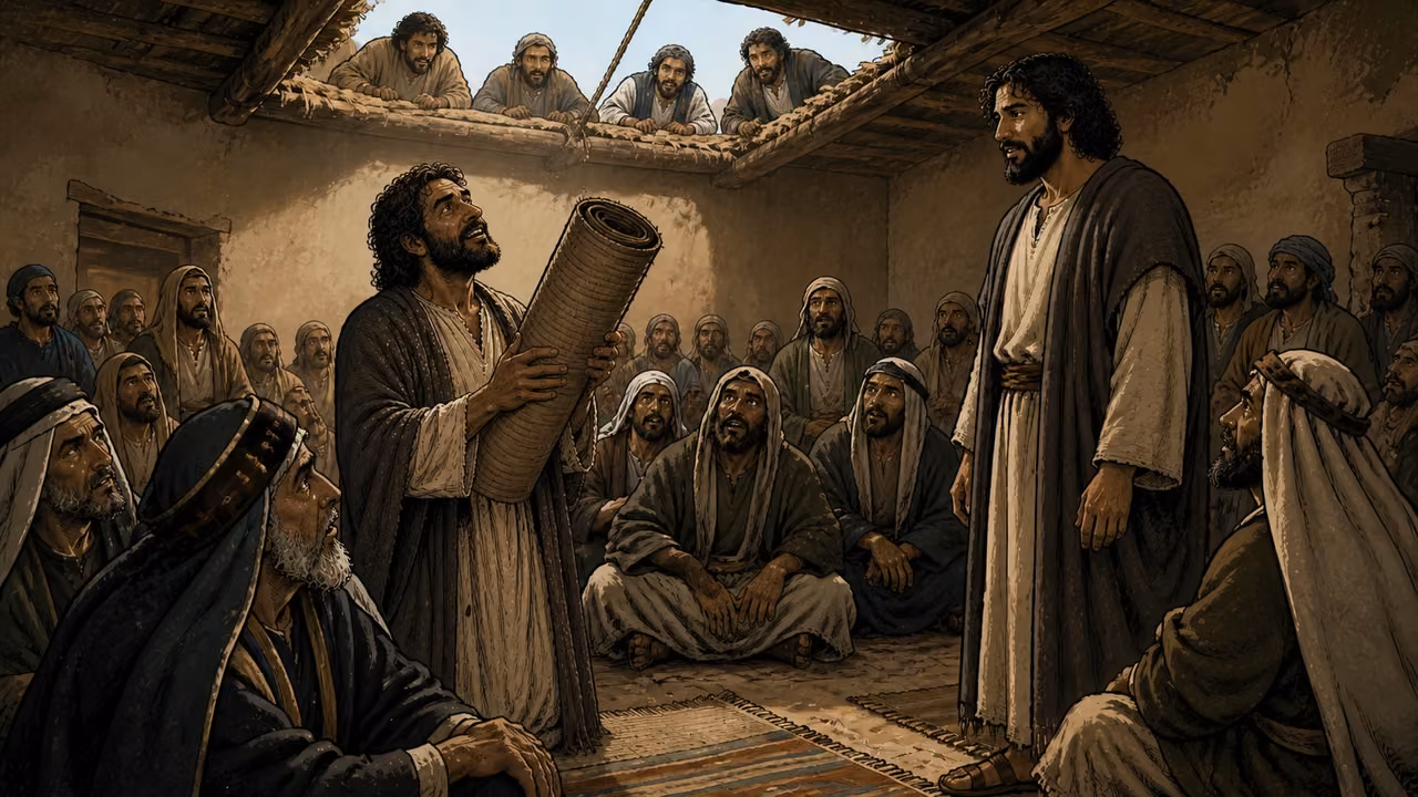 Graphic-novel illustration of the same dark-haired healed man lifting his rolled mat while the designed Jesus and crowd watch.