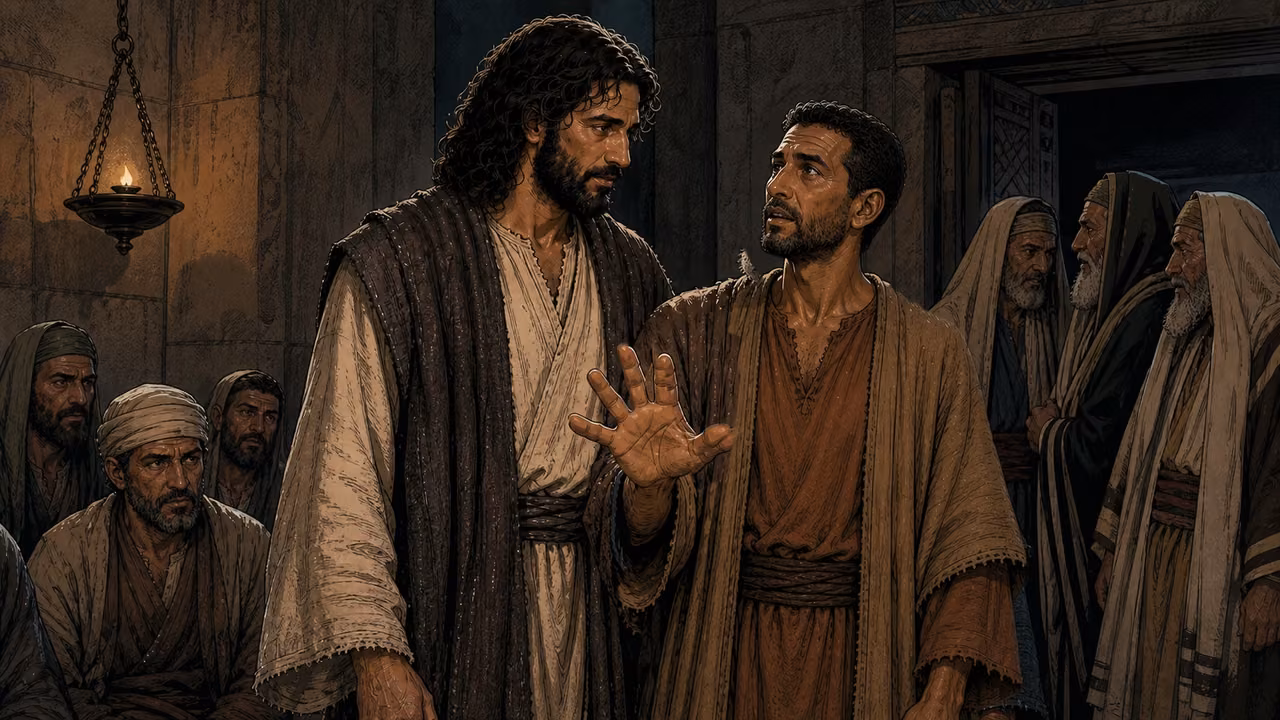 Graphic-novel illustration of Jesus meeting the eyes of an anonymous synagogue attendee as the man holds out his restored hand.