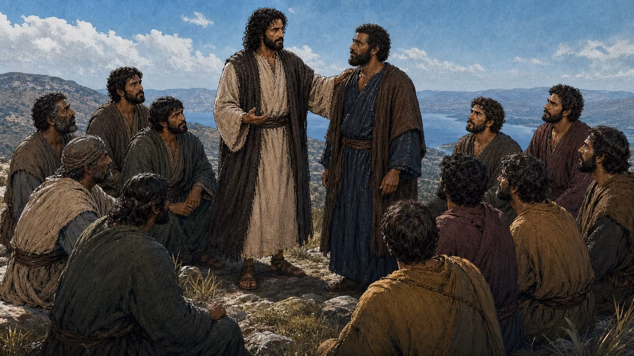 Graphic-novel illustration of the designed Jesus appointing Peter within a semicircle of twelve distinct apostles on a mountain.