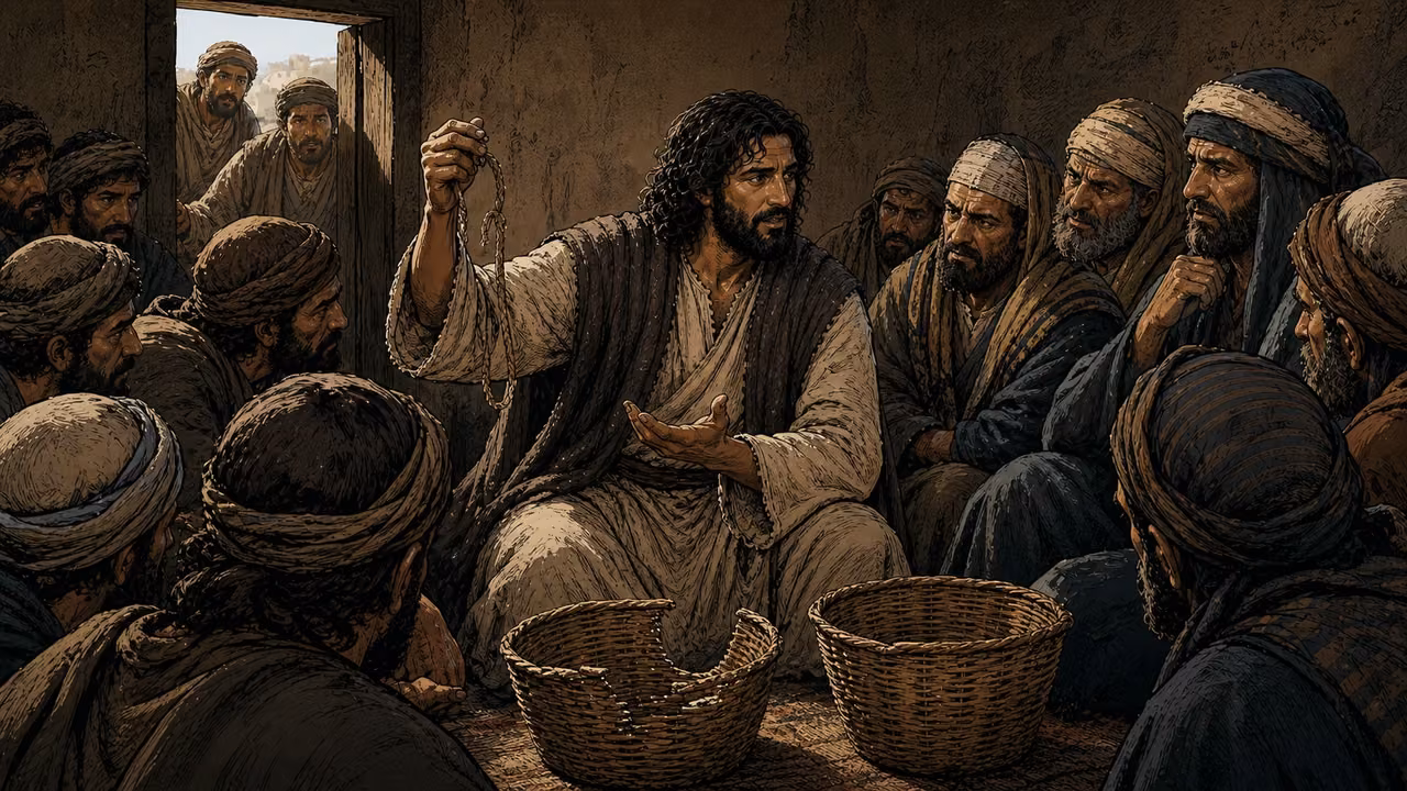 Graphic-novel illustration of the designed Jesus teaching in a crowded house with a snapped cord and two separated baskets.