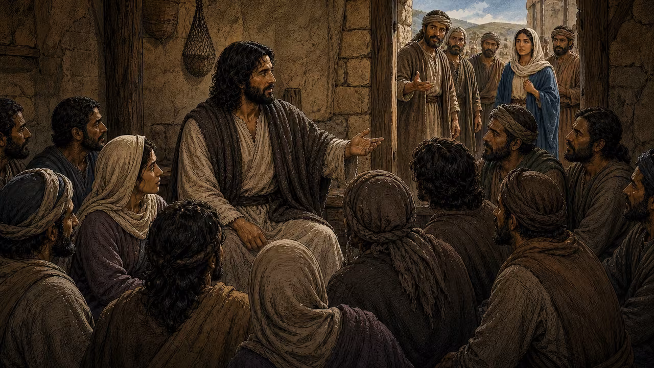 Graphic-novel illustration of the designed Jesus gesturing toward a seated circle while the designed Mary and his brothers wait at the doorway.