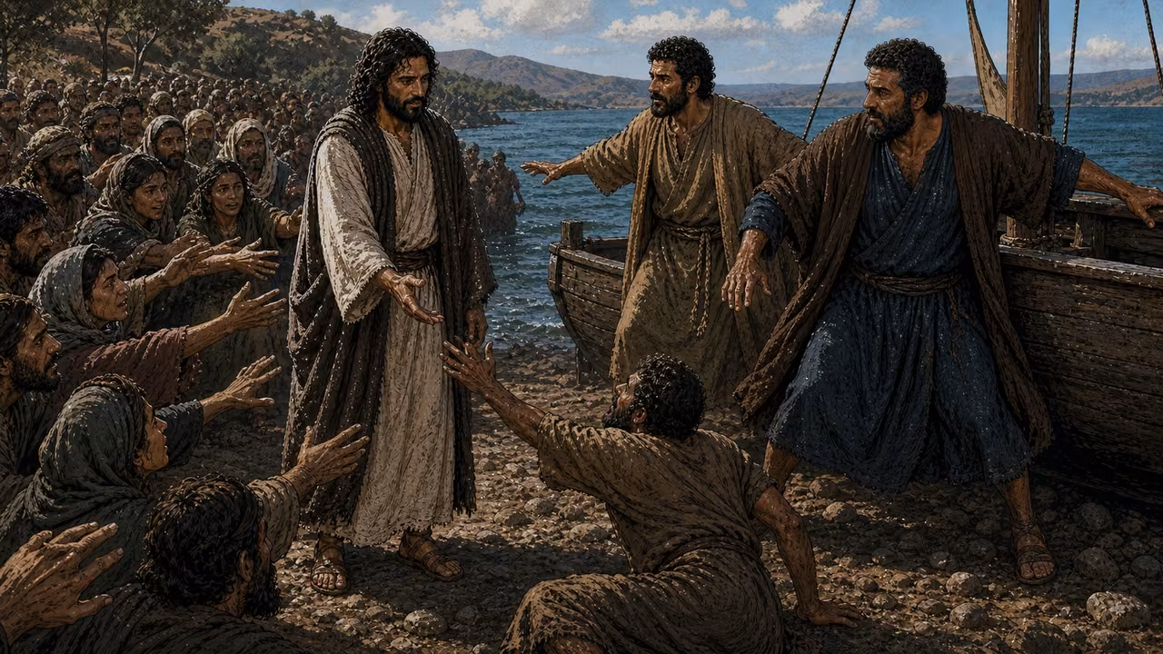 Graphic-novel illustration of the designed Jesus beside a ready boat as Peter and Andrew hold back a crowd pressing toward the shore.