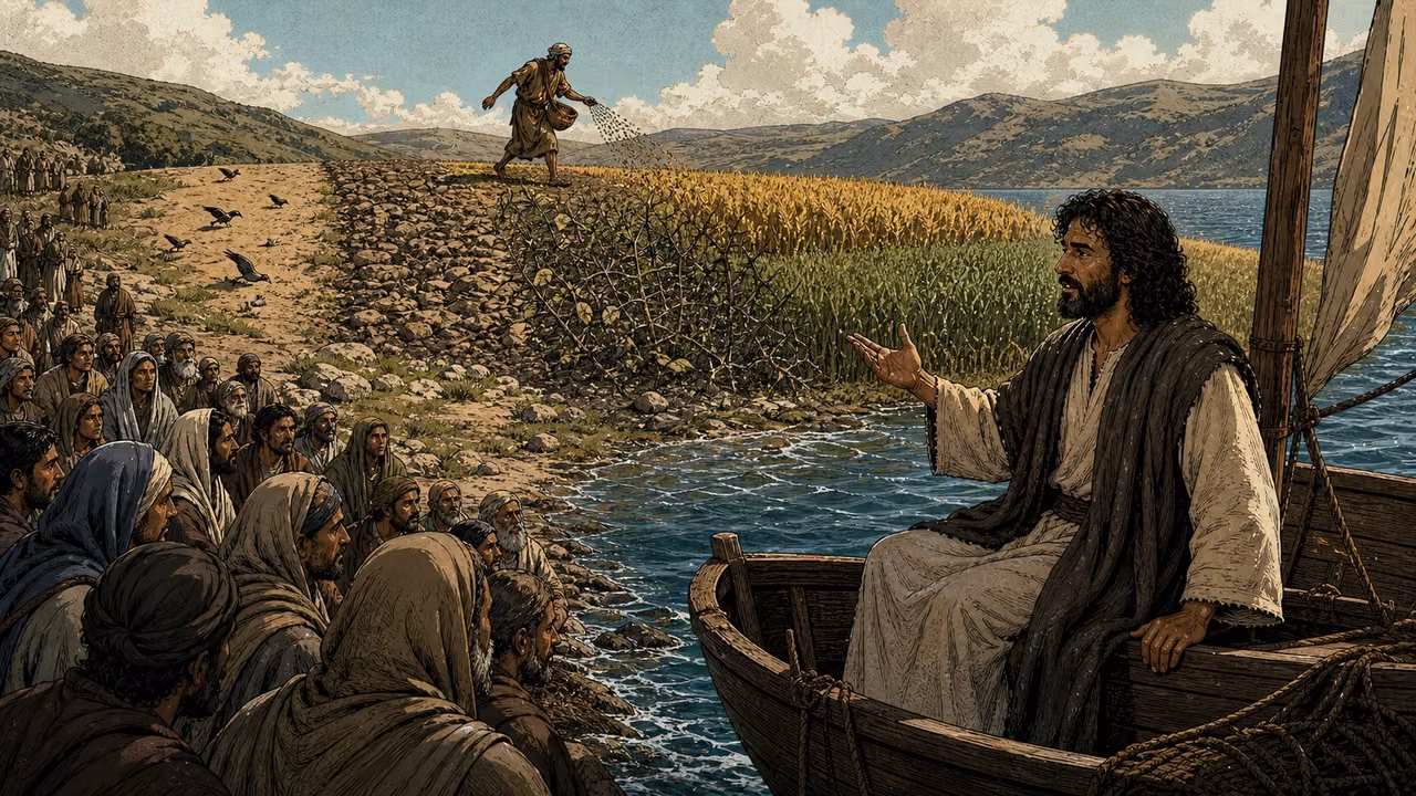 Graphic-novel illustration of the designed Jesus teaching from a boat while a sower casts seed across path, rocky, thorny, and fertile ground.