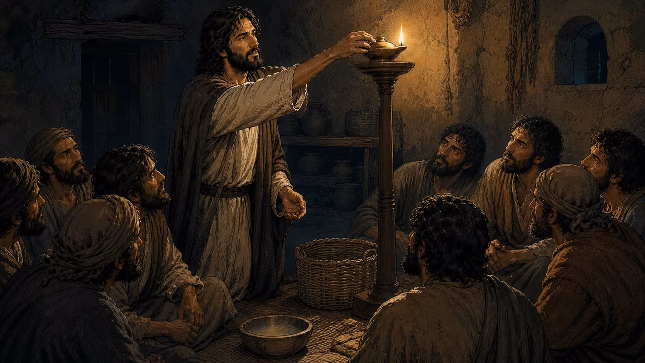 Graphic-novel illustration of the designed Jesus placing a lit clay lamp on a stand beside a basket, mat, and measuring bowl.