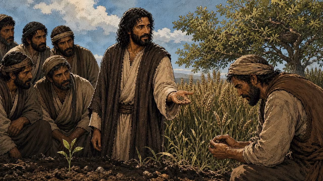Graphic-novel illustration of the designed Jesus holding seeds beside emerging shoots, full grain, and a mustard shrub sheltering birds.