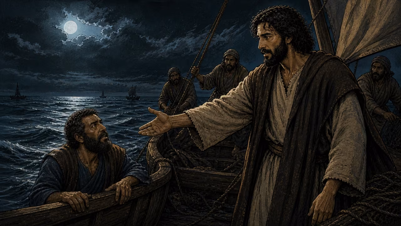 Graphic-novel illustration of the designed Jesus extending his hand as the storm subsides and Peter stares from the flooded boat.