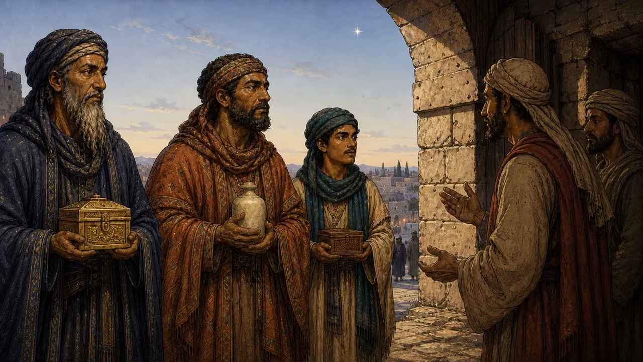 The three distinct eastern scholars reach a Jerusalem gate at dawn, holding their closed gifts.