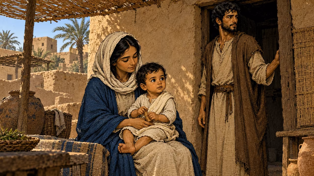 Mary holds the toddler under reed shade at a modest Egyptian dwelling while Joseph stands nearby.