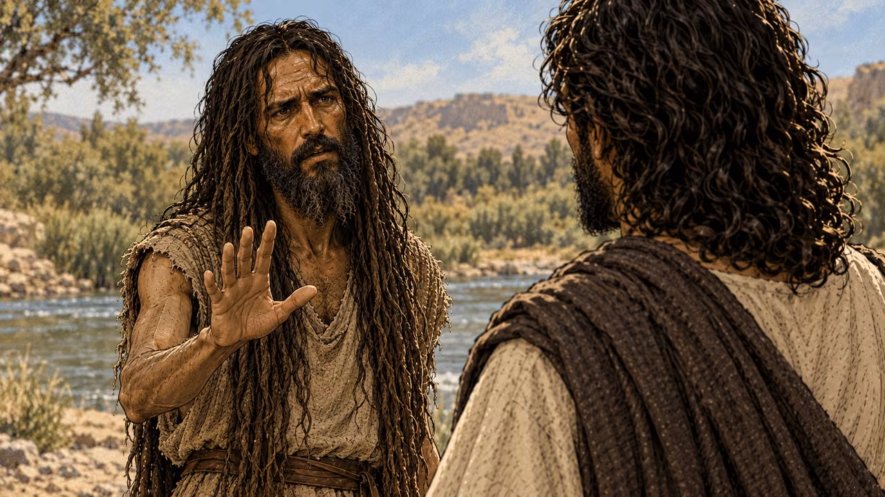John raises an open hand in hesitation while Jesus listens.