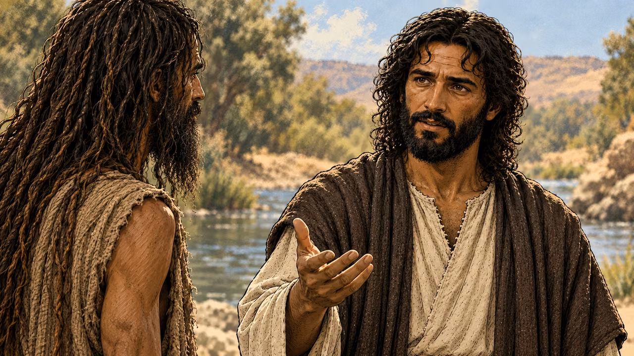 Jesus calmly answers John at the riverbank.