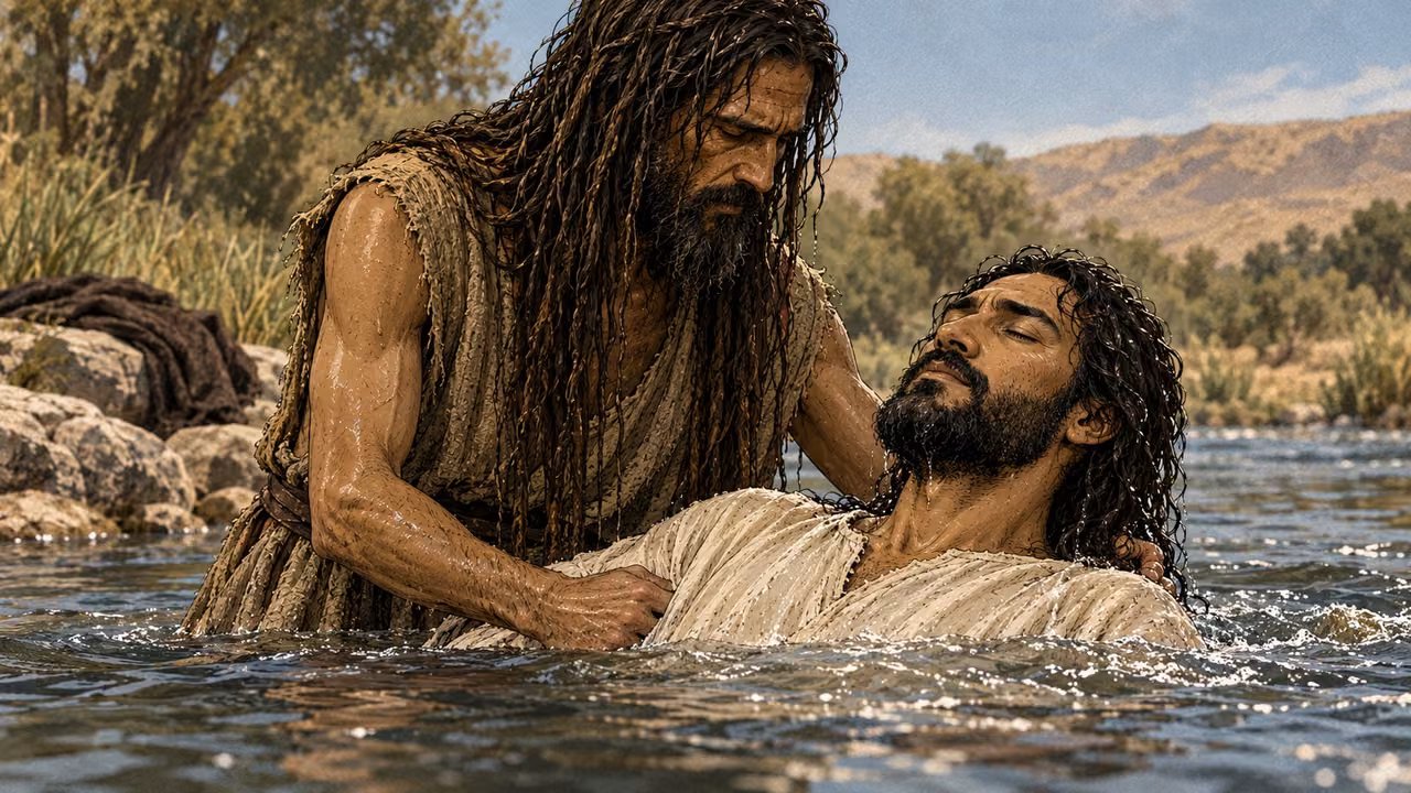 John supports the fully clothed Jesus during baptism in the Jordan.