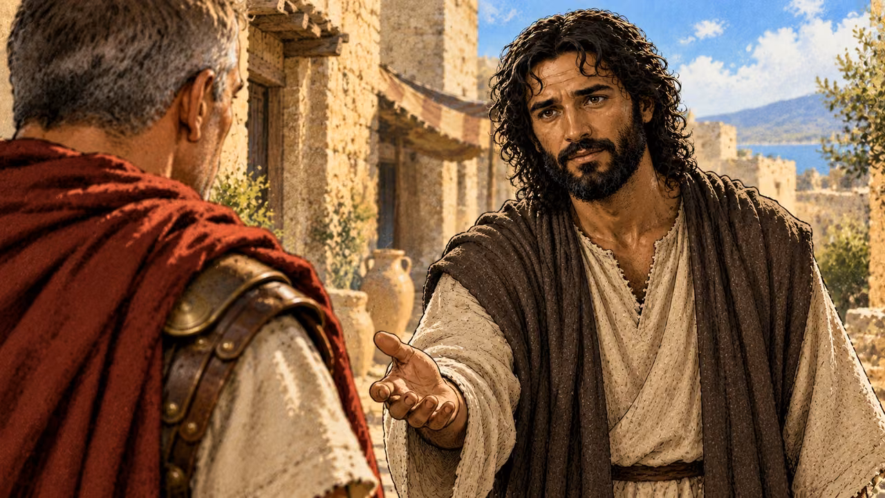 Jesus replies to the centurion with an open hand.