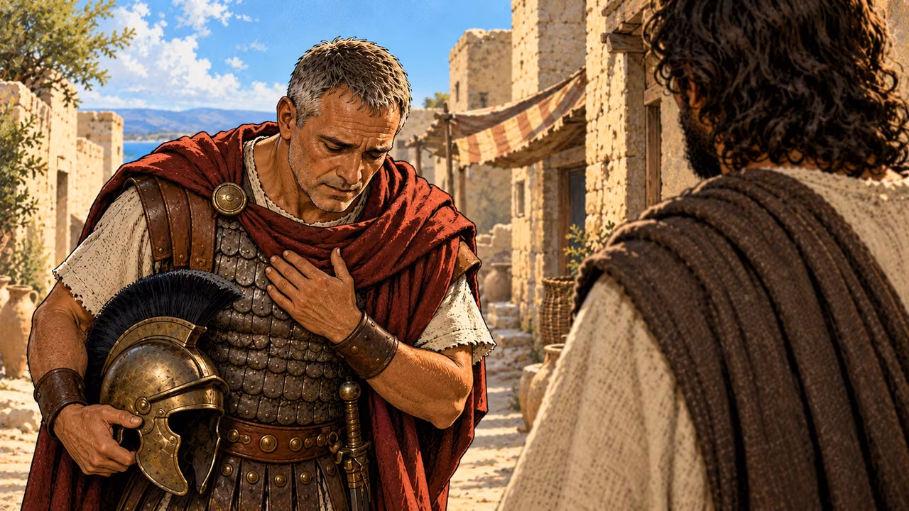 The centurion bows his head with a hand at his chest while speaking to Jesus.