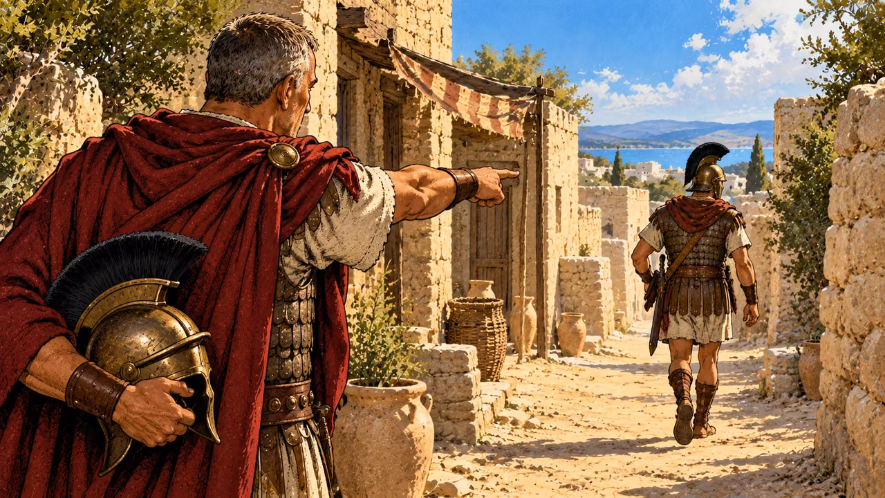 In an illustration of his example, the centurion directs a soldier who walks away along a lane.