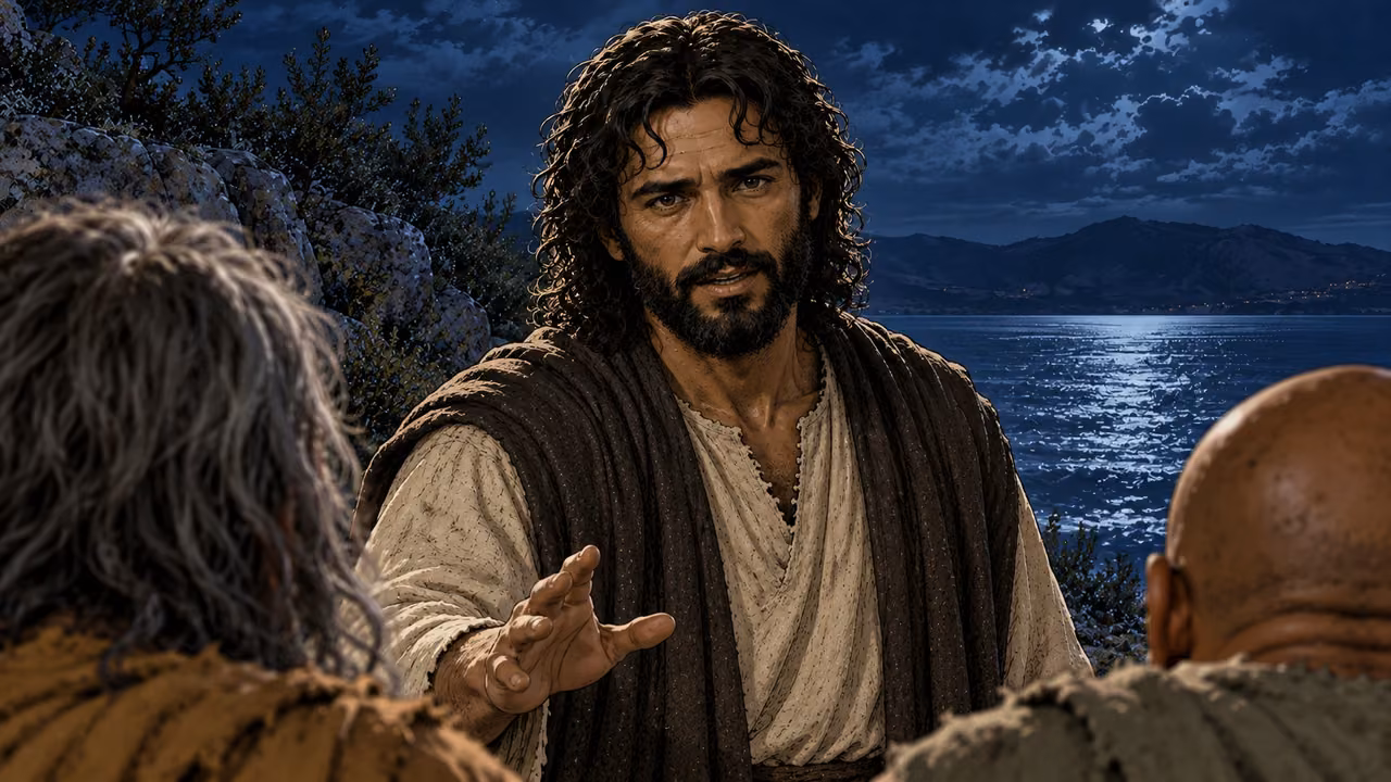 Jesus speaks his command in a close reverse view past the two men’s heads.