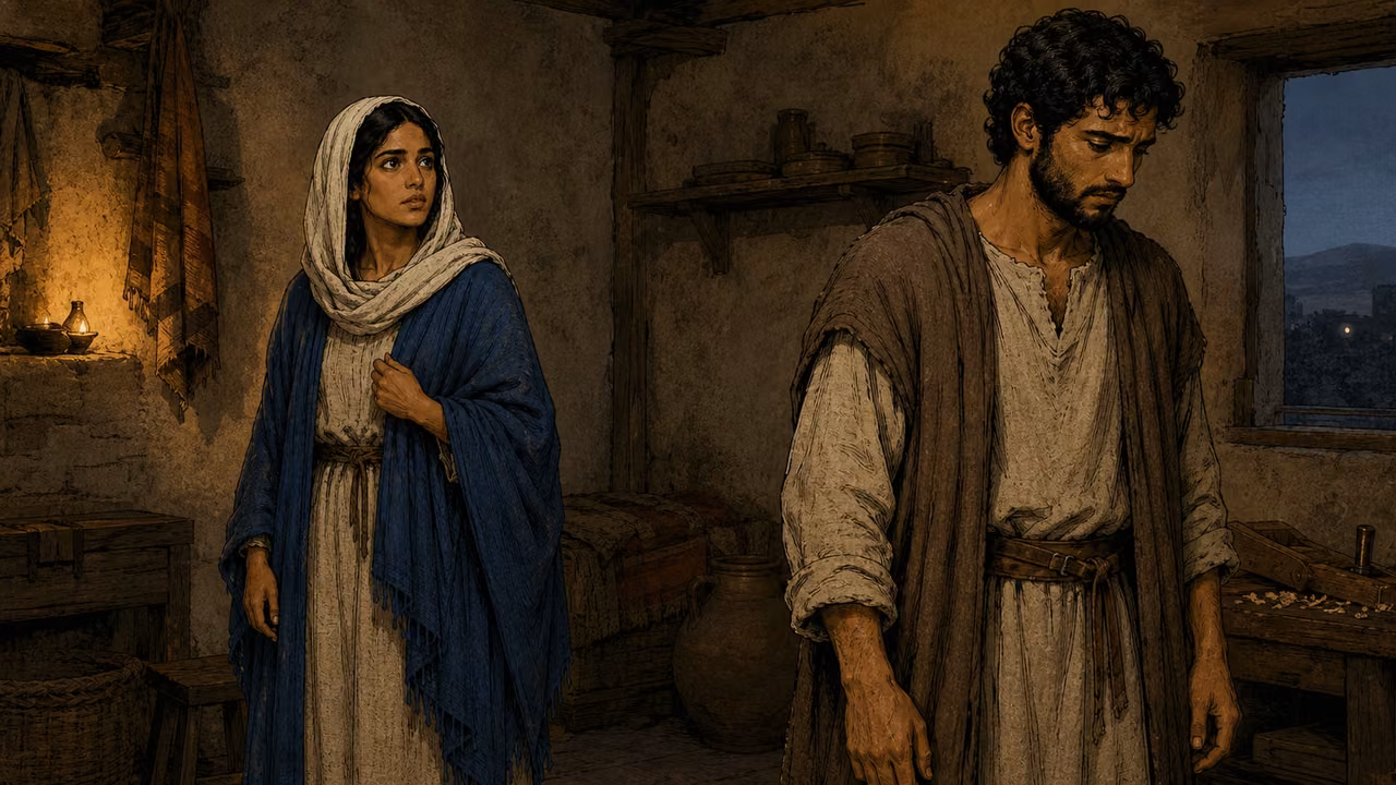 Graphic-novel illustration of Mary and Joseph standing apart in a modest Nazareth home as Joseph considers what to do.