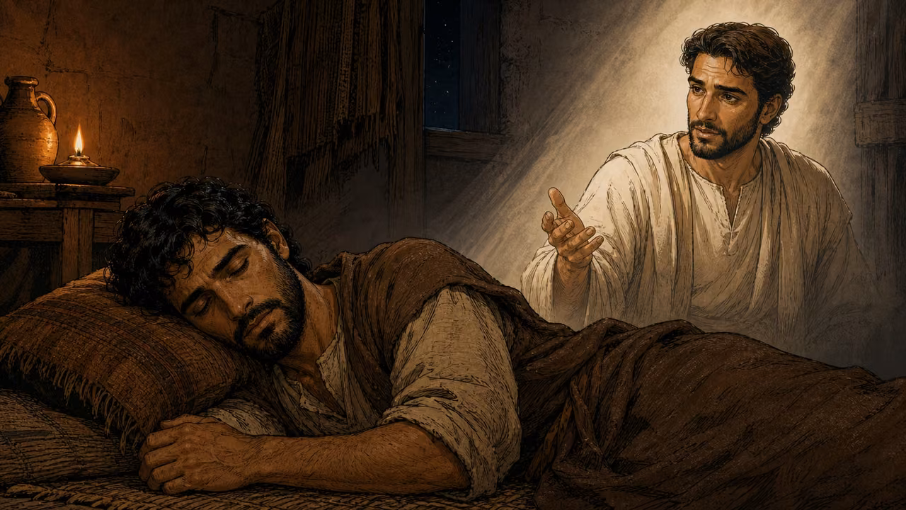Graphic-novel illustration of Joseph asleep while a plain-clothed messenger of the Lord appears in his dream.