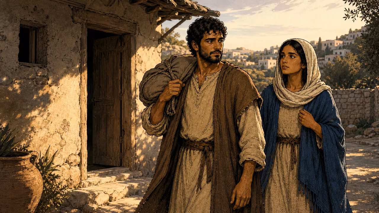 Graphic-novel illustration of Joseph carrying Mary's travel bundle as they leave a Nazareth home together at sunrise.