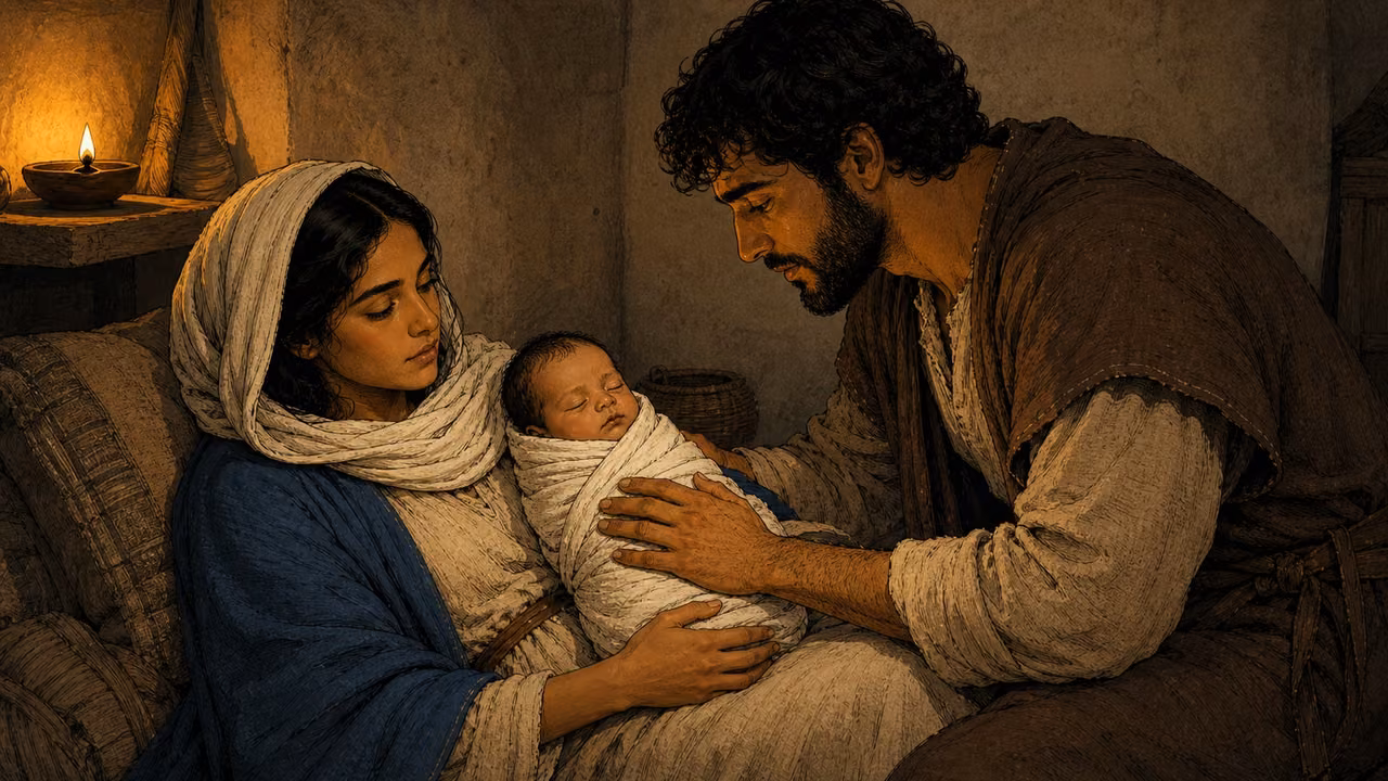 Graphic-novel illustration of Mary holding the swaddled newborn Jesus while Joseph kneels beside them in lamplight.