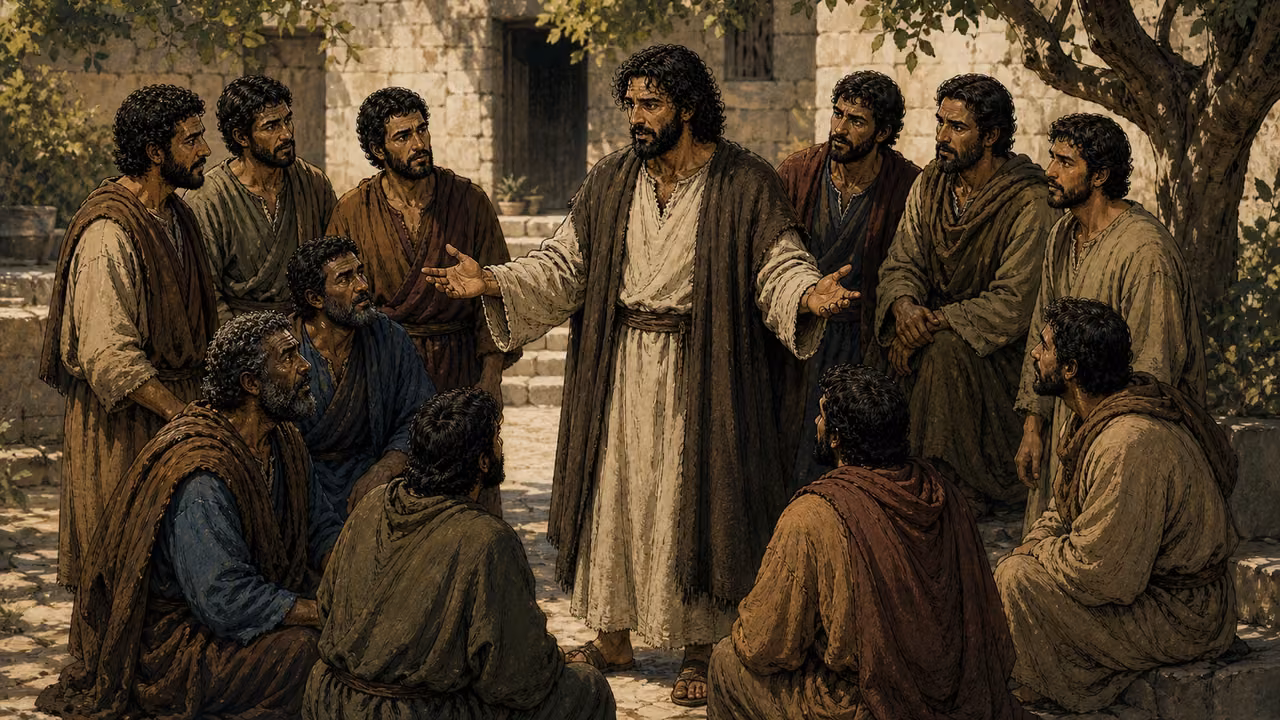Graphic-novel illustration of the designed Jesus standing amid twelve distinct designed apostles in a Galilean courtyard.