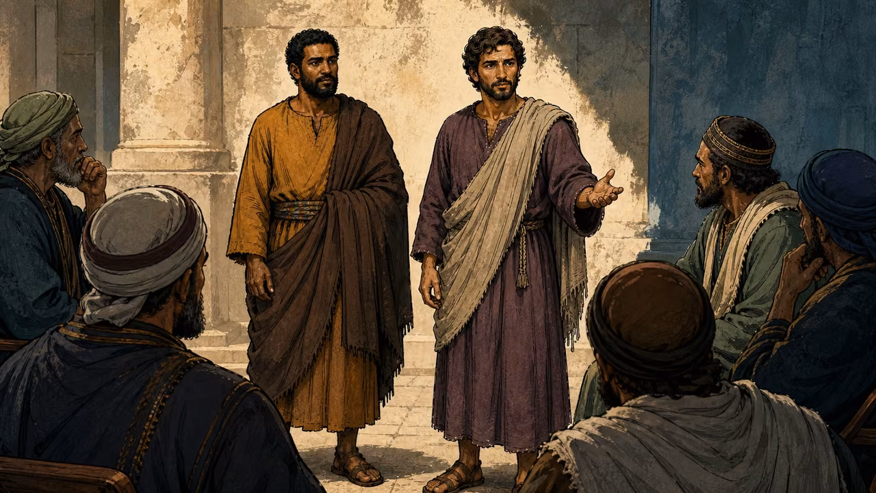 Graphic-novel illustration of the designed Philip and Bartholomew standing composed before a local council.