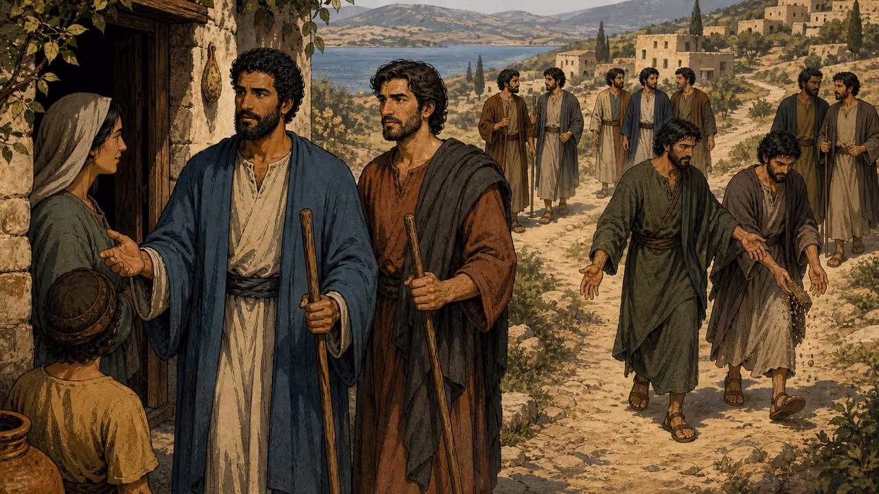 Graphic-novel illustration of the twelve designed apostles departing in pairs along Galilean village roads.