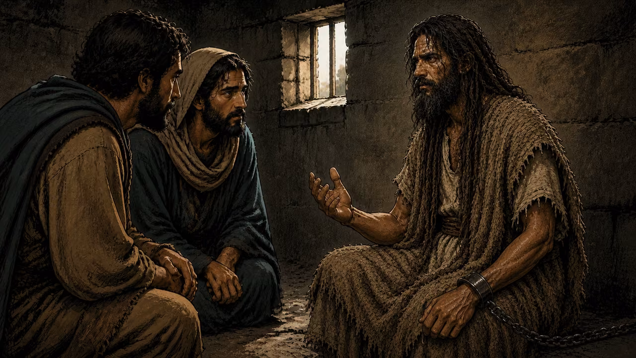 Graphic-novel illustration of the designed John the Baptist speaking earnestly to two disciples inside a stone prison cell.