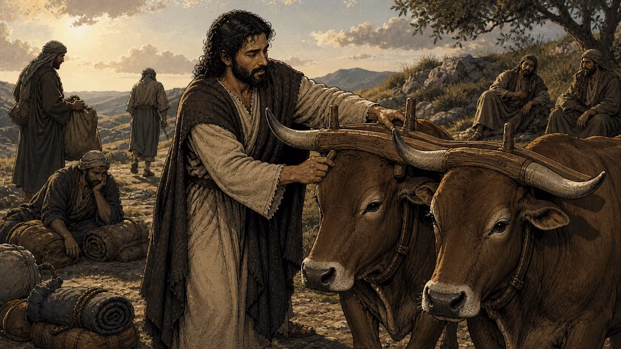 Graphic-novel illustration of the designed Jesus adjusting a light wooden yoke across two oxen while tired travelers rest nearby.