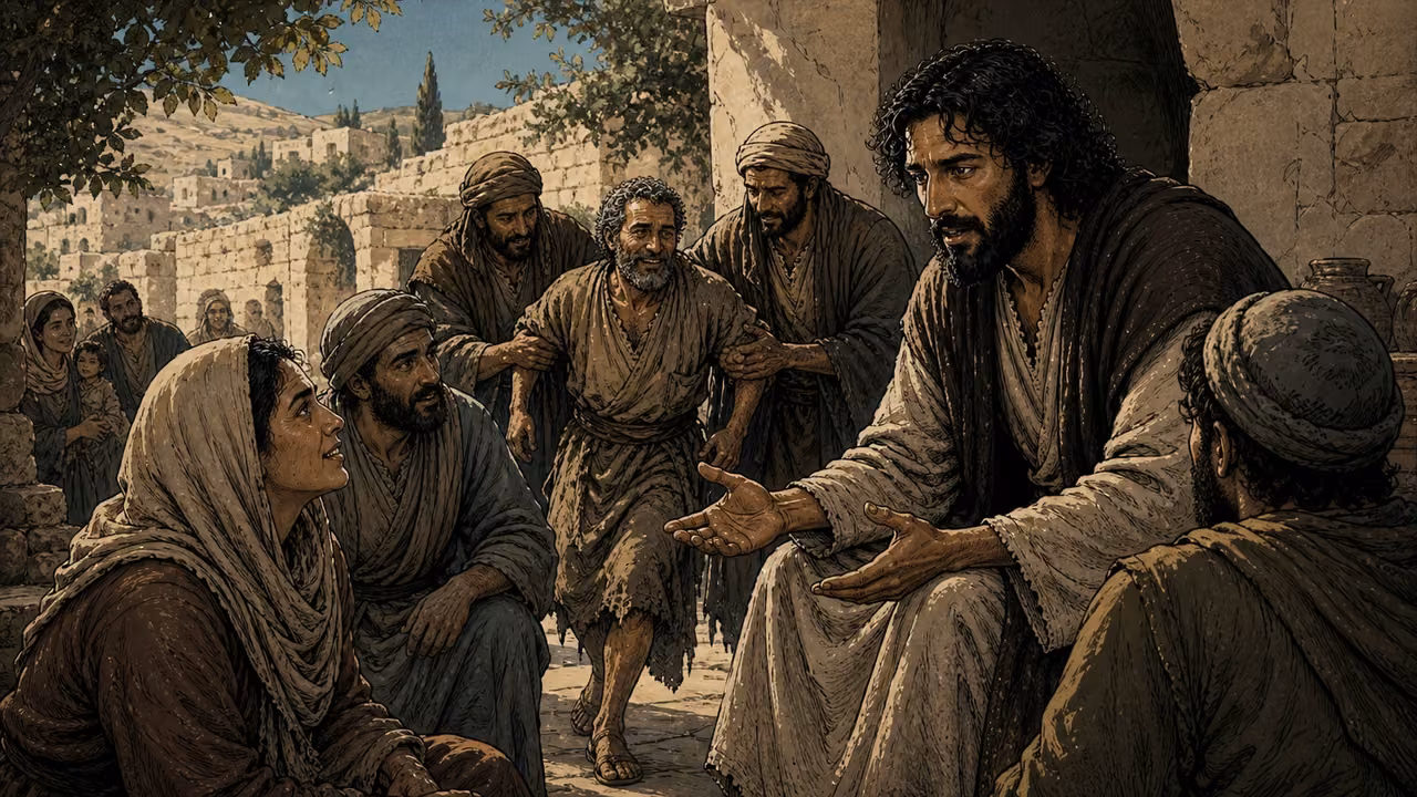 Graphic-novel illustration of the designed Jesus answering John’s messengers while restored neighbors and poor listeners gather nearby.