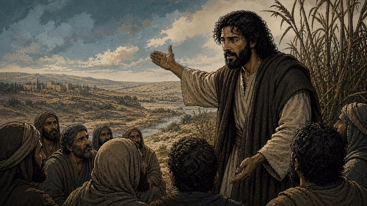 Graphic-novel illustration of the designed Jesus teaching a crowd beside wind-bent reeds with a distant royal residence across the valley.