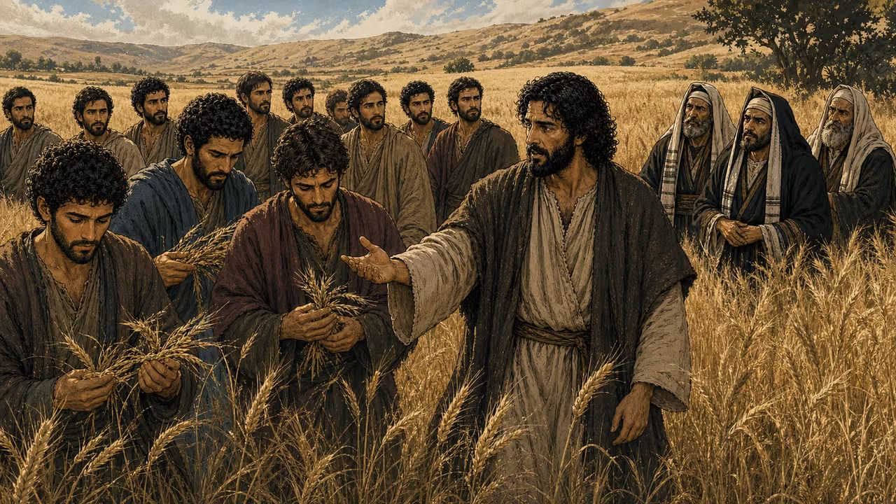 Graphic-novel illustration of the designed Jesus and Twelve walking through grain while some disciples eat and Pharisees object.