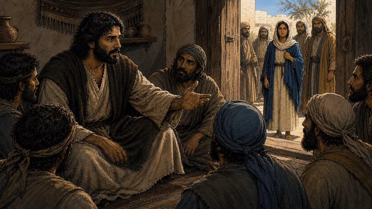 Graphic-novel illustration of the designed Jesus gesturing toward disciples while the designed Mary waits with relatives outside.