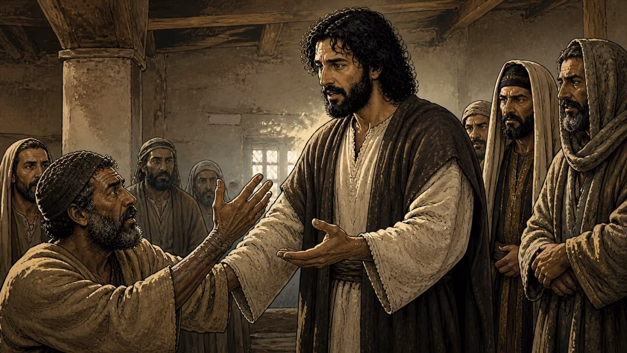 Graphic-novel illustration of a man extending his restored hand before the designed Jesus in a synagogue.
