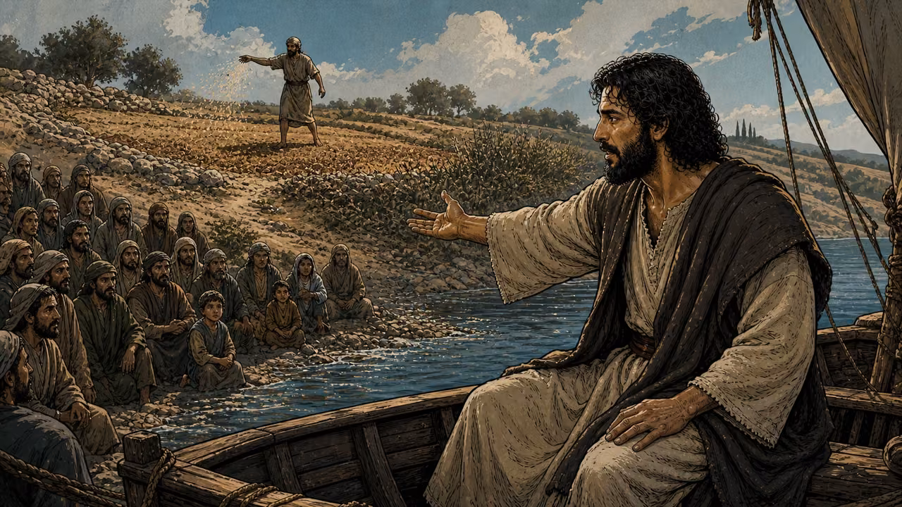 Graphic-novel illustration of the designed Jesus teaching from a boat while a sower works a terraced field above the listening shore.