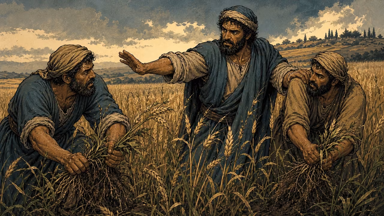 Graphic-novel illustration of a field master stopping servants from uprooting intertwined darnel weeds and wheat.