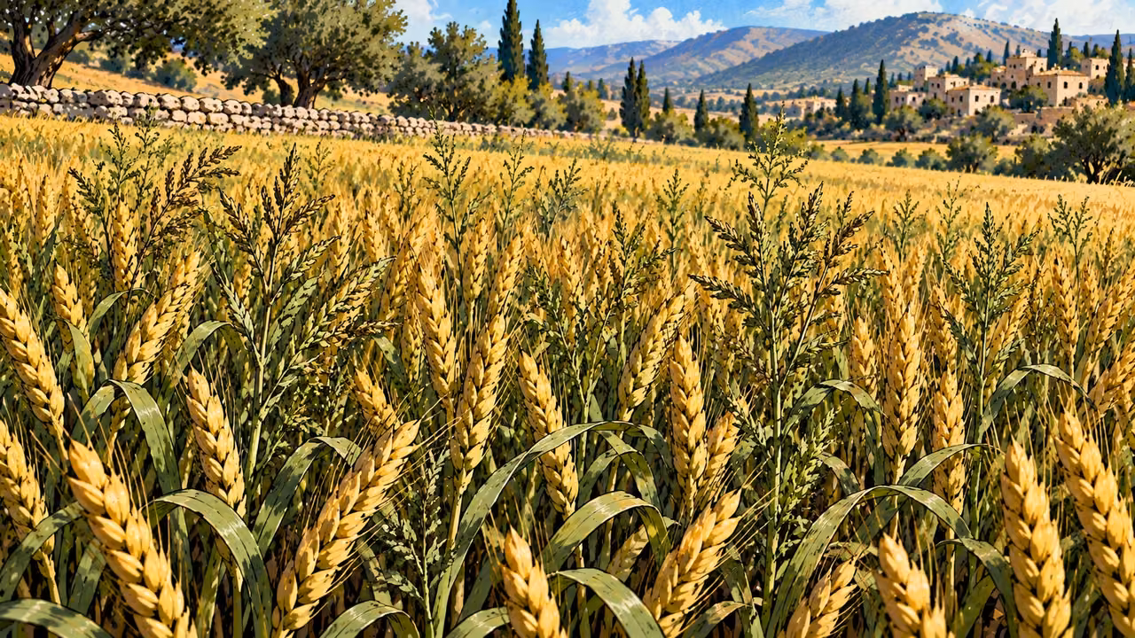 An illustration of the instructions shows wheat and weeds still growing together near harvest.