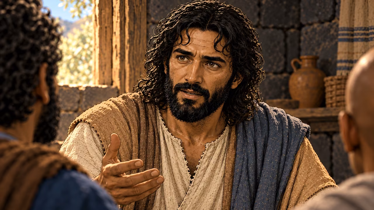 Jesus answers the disciples inside the daylight-lit basalt room.