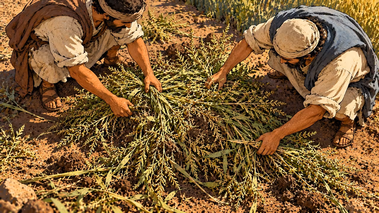 In an illustration of the comparison, anonymous workers draw loose weed stems into a pile on cleared earth.