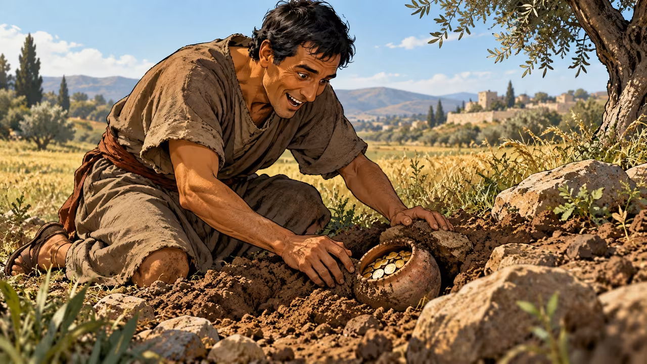 A delighted man kneels beside a newly uncovered jar of coins at the edge of a field.