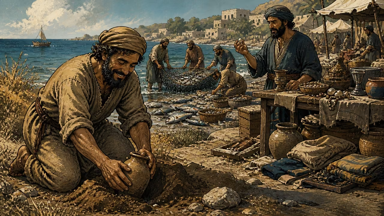Graphic-novel coastal marketplace scene with a hidden treasure, one valuable pearl, and fishermen sorting a dragnet.