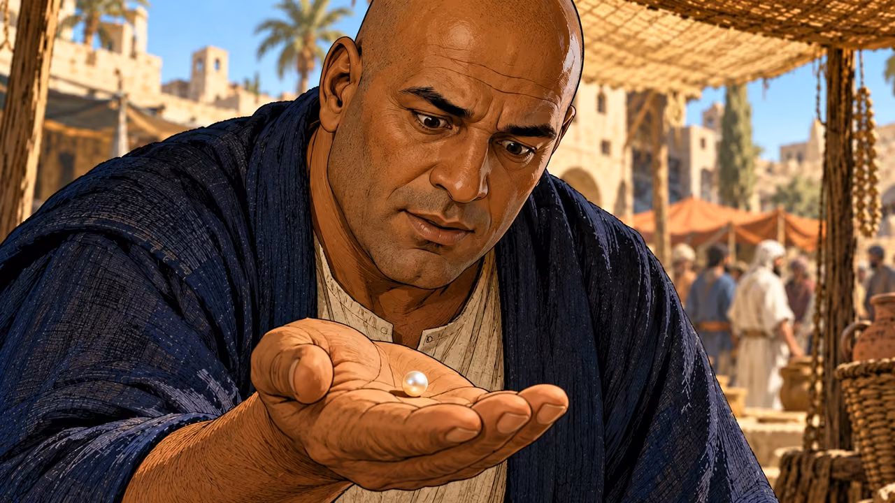 The merchant studies one small lustrous pearl resting on his open palm.